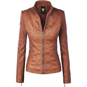 Slim Fit Stylish Vegan Leather Moto Jacket Orange Brown